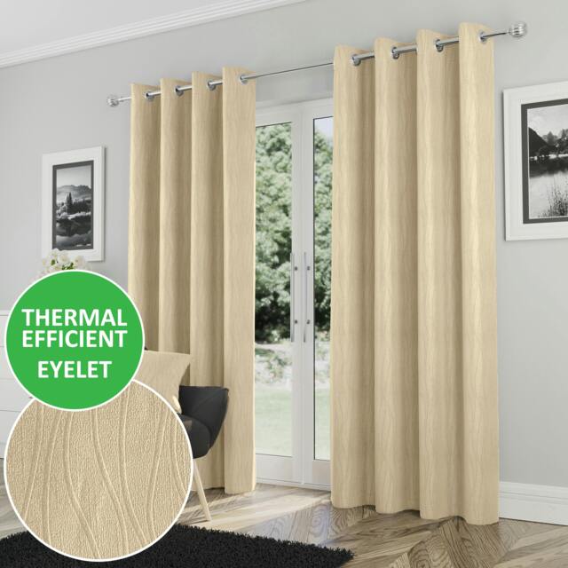 "Rackhams Cream Thermal Energy Saving Eyelet Curtain With Wave Pattern - Ideal For Living Room & Bedroom - 66"" (168cm) Width x 54"" (137cm) Drop" - image 1