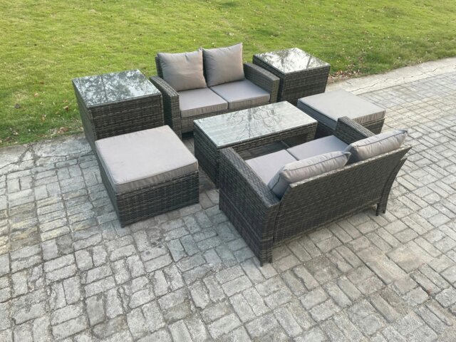 Rackhams High Back Rattan Garden Furniture Sofa Sets with Rectangular Coffee Table 2 Side Tables 2 Big Footstool Dark Grey Mixed - image 1