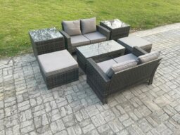 Rackhams High Back Rattan Garden Furniture Sofa Sets with Rectangular Coffee Table 2 Side Tables 2 Big Footstool Dark Grey Mixed - thumbnail 1
