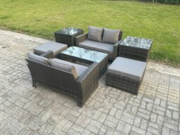 Rackhams High Back Rattan Garden Furniture Sofa Sets with Rectangular Coffee Table 2 Side Tables 2 Big Footstool Dark Grey Mixed - thumbnail 2