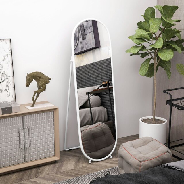 Rackhams Oval Full Length Mirror with Metal Frame Hanging or Leaning Black - White