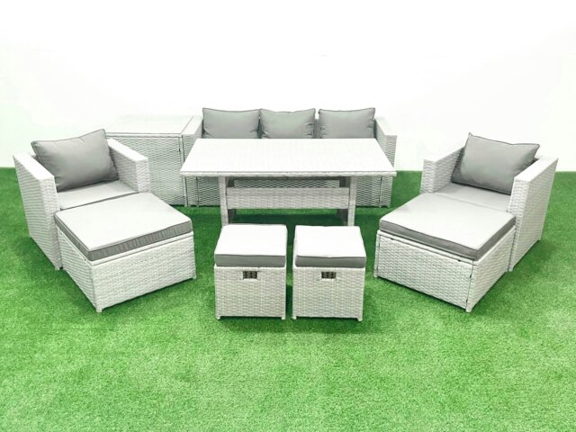 Rackhams Rattan Garden Furniture Set Outdoor 9 Seater Patio Dining Sets with Glass Top Dining Table and Side Table Light Grey Mixed - image 1