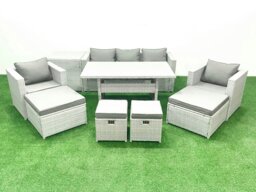 Rackhams Rattan Garden Furniture Set Outdoor 9 Seater Patio Dining Sets with Glass Top Dining Table and Side Table Light Grey Mixed - thumbnail 1