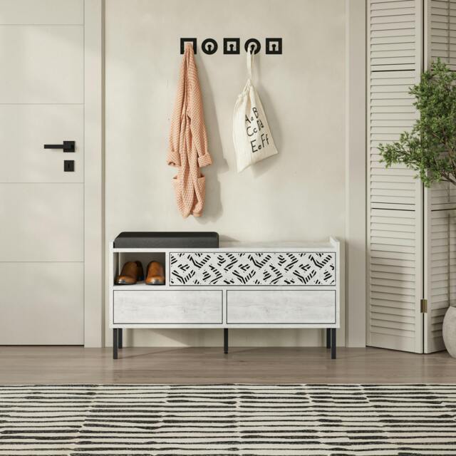 Rackhams Heaton Shoe Bench w/ Fabric Cushion Seat 3-door Storage Cabinet 111(W)x37(D)x56.5(H)cm Metal Legs Hallway - Ancient White - image 1