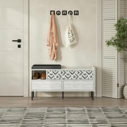 Rackhams Heaton Shoe Bench w/ Fabric Cushion Seat 3-door Storage Cabinet 111(W)x37(D)x56.5(H)cm Metal Legs Hallway - Ancient White