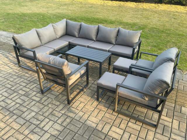 Rackhams Aluminium Garden Furniture Set Outdoor Indoor Lounge Corner Sofa 3 Pcs Chair Oblong Coffee Table Sets with 2 Small Footstools Dark Grey