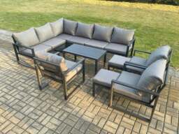 Rackhams Aluminium Garden Furniture Set Outdoor Indoor Lounge Corner Sofa 3 Pcs Chair Oblong Coffee Table Sets with 2 Small Footstools Dark Grey - thumbnail 1