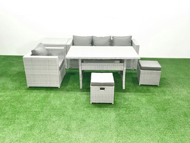 Rackhams Rattan Garden Furniture Dining Set 6 Seater Lounge Sofa Chair Dining Table Set with 2 Small Footstools Side Table Light Grey Mixed - image 1
