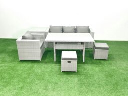 Rackhams Rattan Garden Furniture Dining Set 6 Seater Lounge Sofa Chair Dining Table Set with 2 Small Footstools Side Table Light Grey Mixed - thumbnail 2
