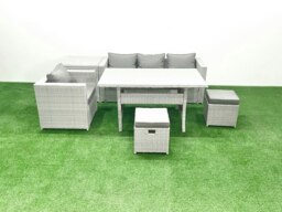 Rackhams Rattan Garden Furniture Dining Set 6 Seater Lounge Sofa Chair Dining Table Set with 2 Small Footstools Side Table Light Grey Mixed - thumbnail 1