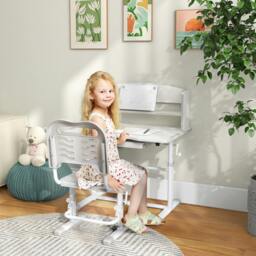 Rackhams ZONEKIZ Kids Desk & Chair Set, Height Adjustable Study Table with Drawer, Bookshelf, Adjustable Angle Tabletop, Non-slip Mat for 6-12 Years - Blue - thumbnail 1