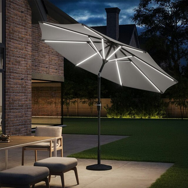 Rackhams 3M Sunbrella Umbrella Light Grey Lighted Market with Solar Strip LED Lights - Parasol + Circle Effect 14KG Resin tank base - image 1