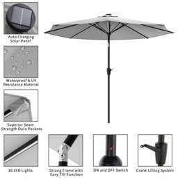 Rackhams 3M Sunbrella Umbrella Light Grey Lighted Market with Solar Strip LED Lights - Parasol + Circle Effect 14KG Resin tank base - thumbnail 6