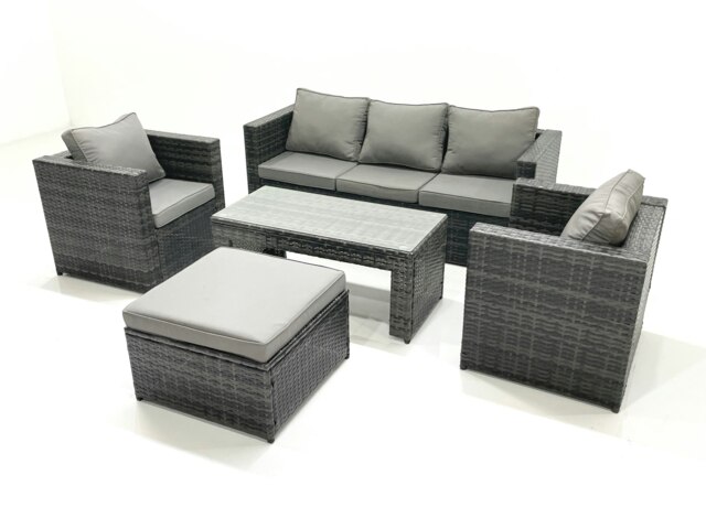 Rackhams Rattan Garden Furniture Set Outdoor Lounger Sofa with Coffee Table 2 Armchair Big Footstool Dark Grey Mixed - image 1