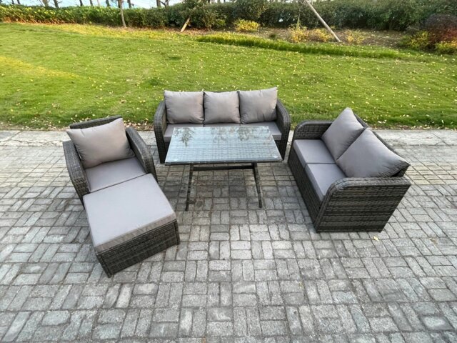 Rackhams Outdoor Rattan Garden Furniture Set 7 Seater Patio Lounge Sofa Set with Dining Table Big Footstool Dark Grey Mixed - image 1
