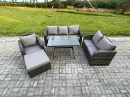 Rackhams Outdoor Rattan Garden Furniture Set 7 Seater Patio Lounge Sofa Set with Dining Table Big Footstool Dark Grey Mixed - thumbnail 1