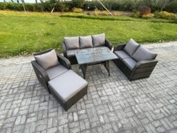 Rackhams Outdoor Rattan Garden Furniture Set 7 Seater Patio Lounge Sofa Set with Dining Table Big Footstool Dark Grey Mixed - thumbnail 2