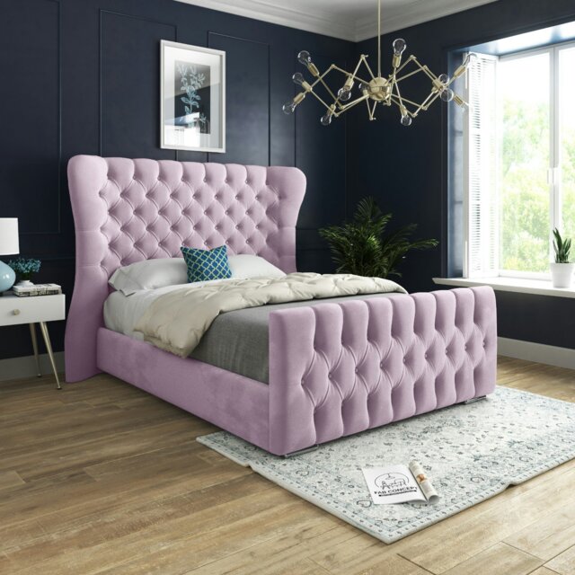 Rackhams Parma Wide Curved Winged Upholstered Soft Velvet Bed Frame - Blue - Pink - Small single - image 1