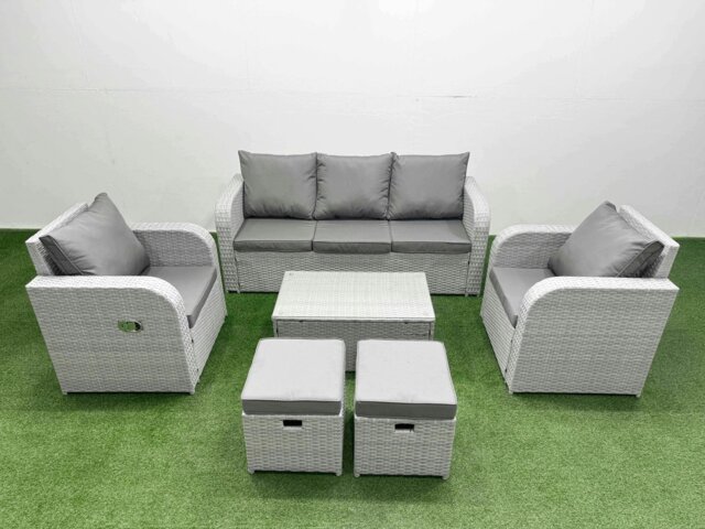 Rackhams PE Rattan Garden Furniture Set Reclining Chair Sofa Lounge Sofa Set Oblong Coffee Table 2 Small Stools Light Grey - image 1