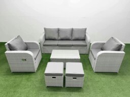 Rackhams PE Rattan Garden Furniture Set Reclining Chair Sofa Lounge Sofa Set Oblong Coffee Table 2 Small Stools Light Grey - thumbnail 1