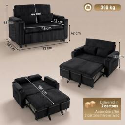 Rackhams 2 Seater Sofa Bed, 3-in-1 Corduroy Pull Out Sleeper Sofa, Black - thumbnail 3