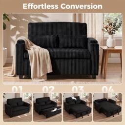 Rackhams 2 Seater Sofa Bed, 3-in-1 Corduroy Pull Out Sleeper Sofa, Black - thumbnail 4