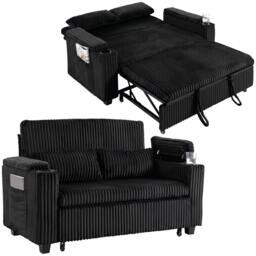 Rackhams 2 Seater Sofa Bed, 3-in-1 Corduroy Pull Out Sleeper Sofa, Black - thumbnail 2