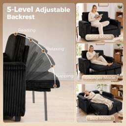 Rackhams 2 Seater Sofa Bed, 3-in-1 Corduroy Pull Out Sleeper Sofa, Black - thumbnail 5
