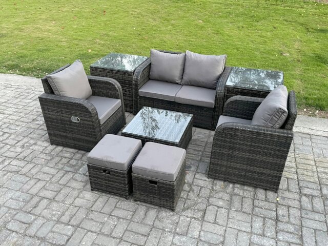Rackhams Rattan Garden Furniture Set Patio Conservatory Indoor Outdoor 8 Piece Set with Love Sofa Square Coffee Table 2 Small Footstools 2 Side Tables - image 1