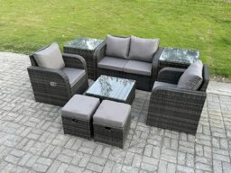Rackhams Rattan Garden Furniture Set Patio Conservatory Indoor Outdoor 8 Piece Set with Love Sofa Square Coffee Table 2 Small Footstools 2 Side Tables - thumbnail 1