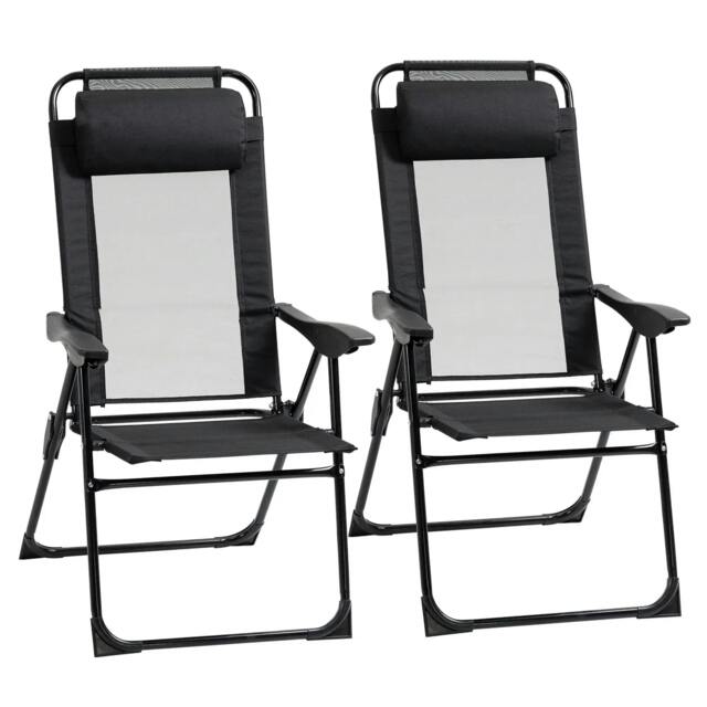 Rackhams Set of 2 Portable Folding Recliner Metal Outdoor Patio Chaise Lounge Chairs with Adjustable Backrest, Black - image 1