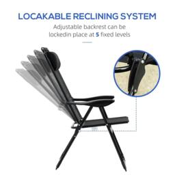 Rackhams Set of 2 Portable Folding Recliner Metal Outdoor Patio Chaise Lounge Chairs with Adjustable Backrest, Black - thumbnail 5