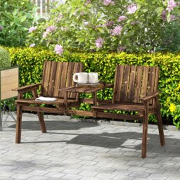 Rackhams 2-Seater Wooden Garden Bench with Armrest, Carbonised Finish - thumbnail 1