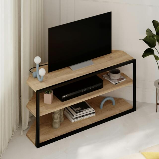 Rackhams Modern Echo Corner TV Unit Versatile Design with Metal Frame and Shelf Media Centre 98cm - Oak - image 1