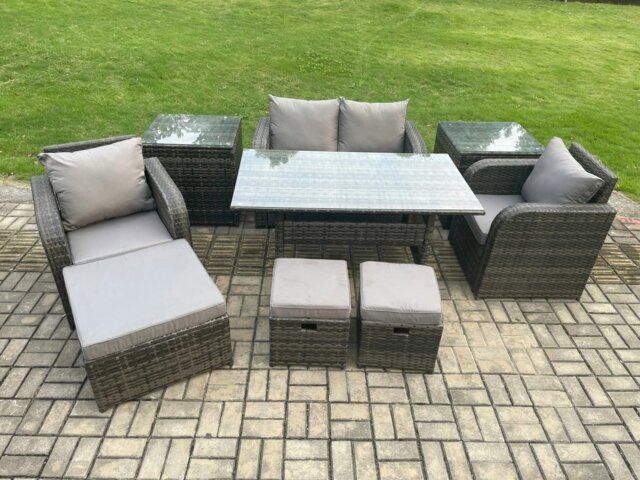 Rackhams Rattan Outdoor Garden Furniture Set Rectangular Dining Table and Chair Sofa Set With 2 Side Tables 3 Footstools Dark Grey Mixed - image 1