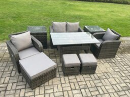 Rackhams Rattan Outdoor Garden Furniture Set Rectangular Dining Table and Chair Sofa Set With 2 Side Tables 3 Footstools Dark Grey Mixed - thumbnail 2