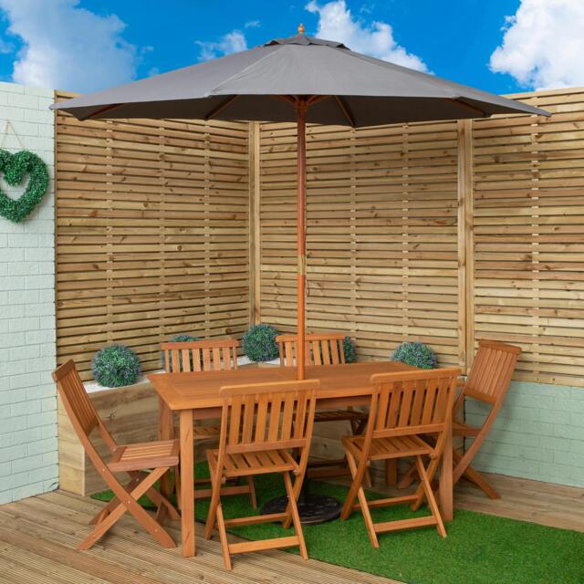 Rackhams Outdoor 6 Person Rectangular Wooden Garden Patio Dining Table Chairs with Grey Parasol and Base Set - Outdoor Furniture Sets - image 1