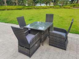 Rackhams Dark Grey Mixed Outdoor PE Wicker Rattan Garden Furniture Reclining Chair And Table Dining Sets 4 Seater Square Tempered Glass Table - thumbnail 2