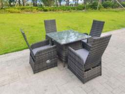 Rackhams Dark Grey Mixed Outdoor PE Wicker Rattan Garden Furniture Reclining Chair And Table Dining Sets 4 Seater Square Tempered Glass Table - thumbnail 1