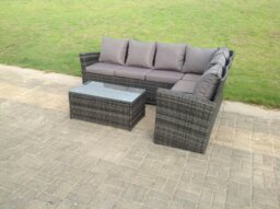 Rackhams High Back Rattan Corner Sofa Set Oblong Coffee Table Outdoor Furniture dark Grey Right Option - thumbnail 2