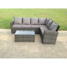 Rackhams High Back Rattan Corner Sofa Set Oblong Coffee Table Outdoor Furniture dark Grey Right Option - thumbnail 1