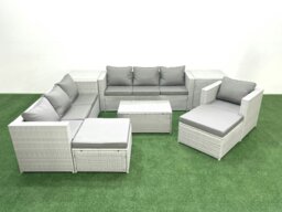 Rackhams Wicker PE Rattan Sofa Garden Furniture Set with Armchair Oblong Coffee Table 2 Big Footstools 2 Side Tables Light Grey Mixed - thumbnail 1