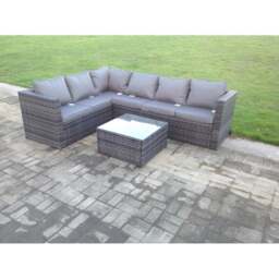 Rackhams Rattan Corner Sofa Set Square Coffee Table Outdoor Garden Furniture In Dark Grey Mix 6 Seater With Seat And Back Cushion Right Corner