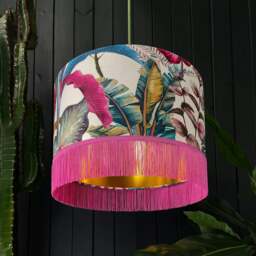"Rackhams Ice Jungle Lampshade With Gold Lining and Candy Floss Pink Fringing - Ceiling Pendant / Arc Lamp - 40cm Diameter x 25cm Height (16"" x 10"")" - thumbnail 1