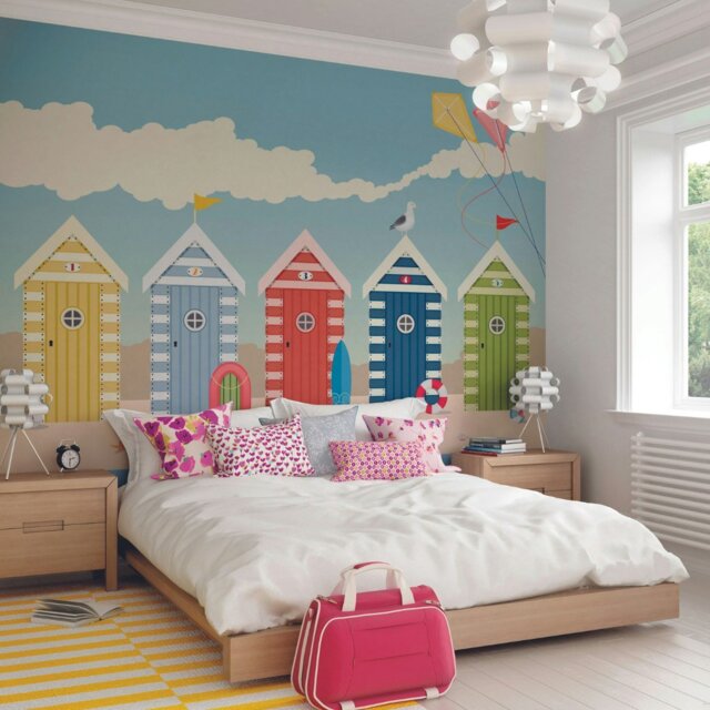 Rackhams Beach Huts Wall Mural - Large - W350cm x H280cm - image 1