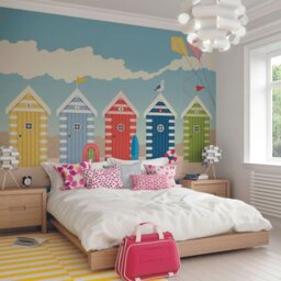 Rackhams Beach Huts Wall Mural - Large - W350cm x H280cm - thumbnail 1