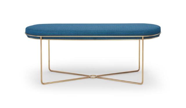 Rackhams Finn Ottoman Stools - Brushed Brass - Blue Seat Upholstery - image 1