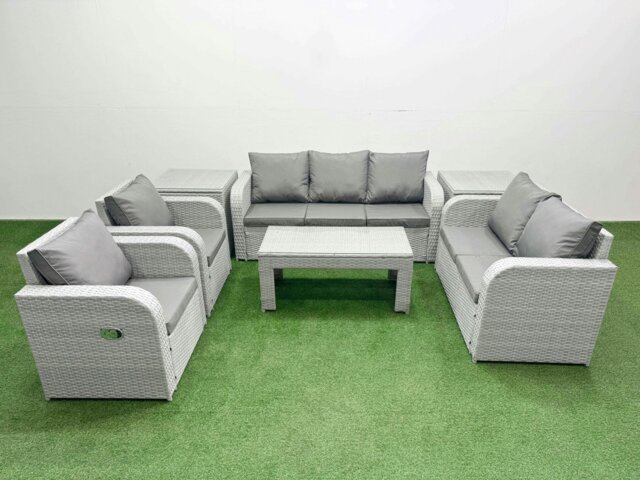 Rackhams PE Rattan Garden Furniture Set Adjustable Chair Sofa Double Love Seat 2 Seater Sofa Lounge Set Rectangular Coffee Table 2 Side Table Light Grey - image 1