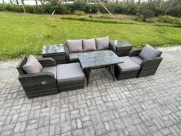 Rackhams Outdoor Garden Furniture Sets 8 Pieces Wicker Rattan Furniture Sofa Sets with Rectangular Dining Table 2 Big Footstool 2 Side Tables - thumbnail 2