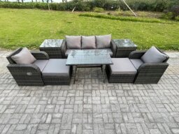 Rackhams Outdoor Garden Furniture Sets 8 Pieces Wicker Rattan Furniture Sofa Sets with Rectangular Dining Table 2 Big Footstool 2 Side Tables - thumbnail 1
